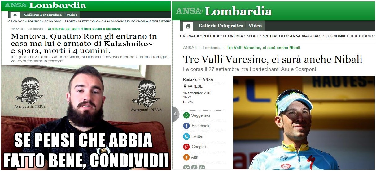A sinistra: lo screenshot pubblicato da Avanguartia Nera; a destra: uno screenshot catturato a caso su ANSA.it