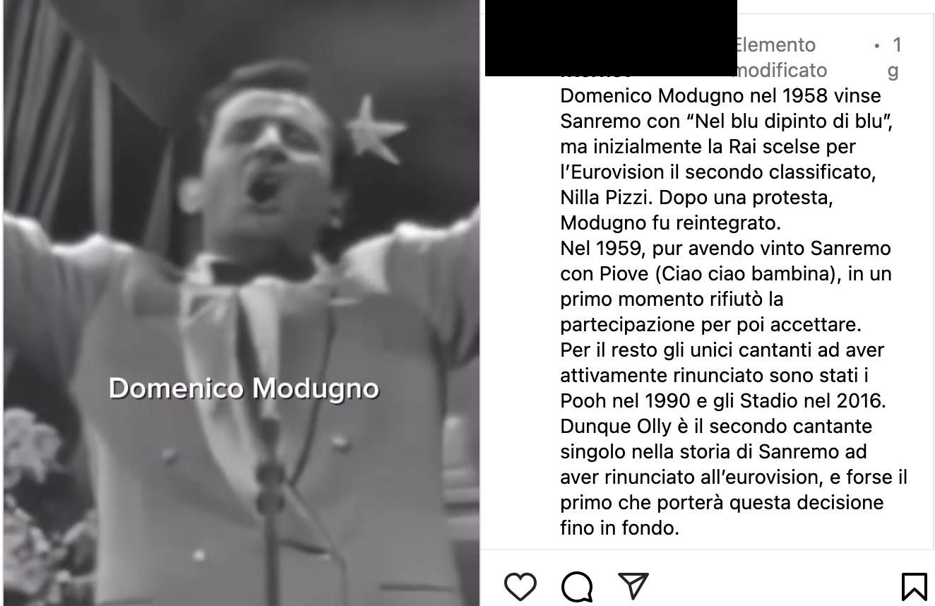 Possiamo dire che Olly è stato il secondo cantante a rinunciare all'Eurovision dopo Modugno