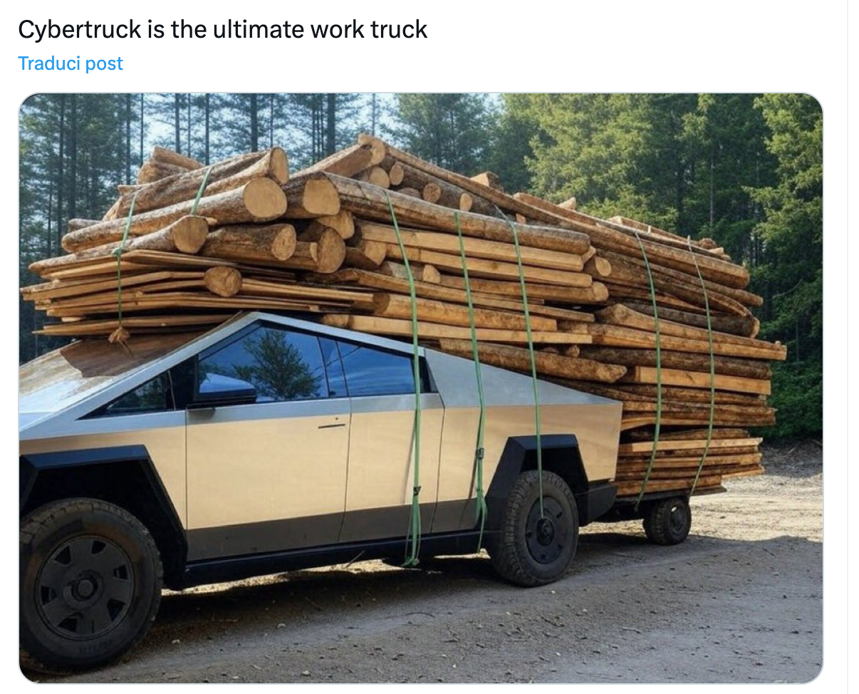 Questo Cybertruck che trasporta legname è un prodotto dell'AI