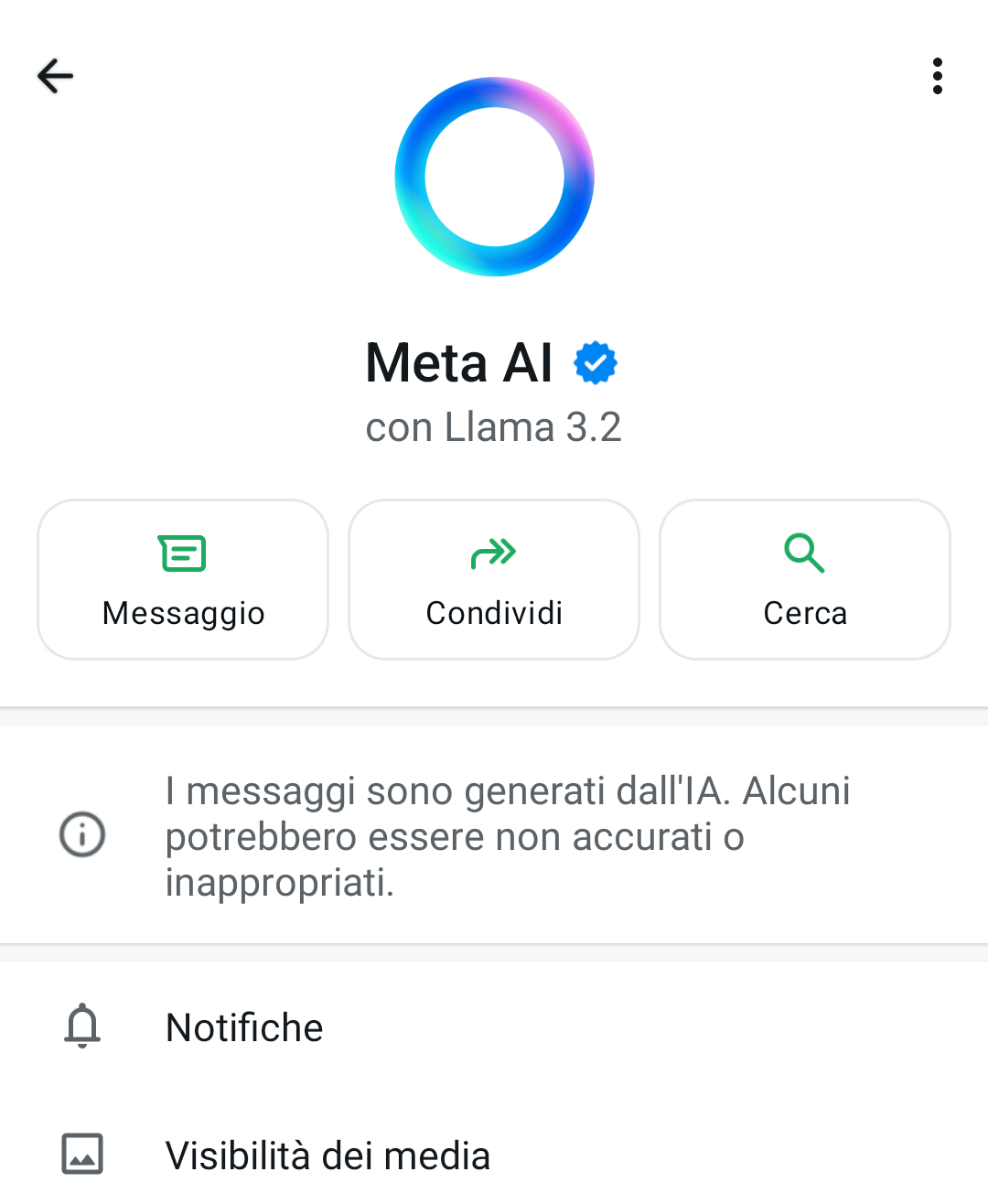 Nonostante l'iconcina mini, "Meta AI" è un partecipante alle discussioni come gli altri, e quindi può essere silenziato cliccando su notifiche
