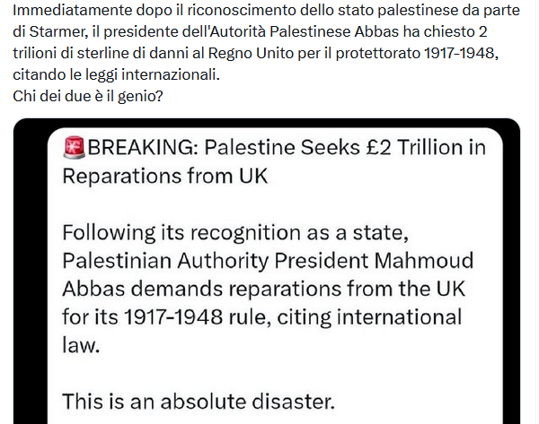 No, l'Autorità Nazionale Palestinese non ha chiesto "un trilione di sterline di risarcimento al Regno Unito" dopo il suo riconoscimento (checché ne dica Grok)
