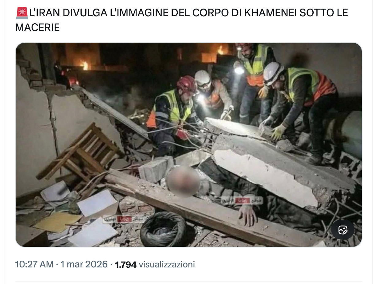 Questa foto dell'Ayatollah Khamenei sotto le macerie è generata con l'AI