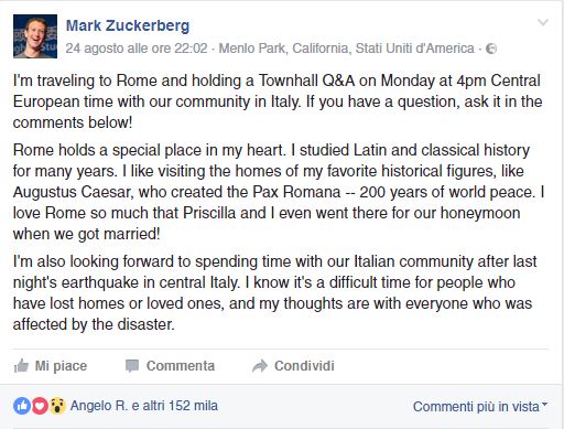 bufala zuckerberg terremoto screenshot