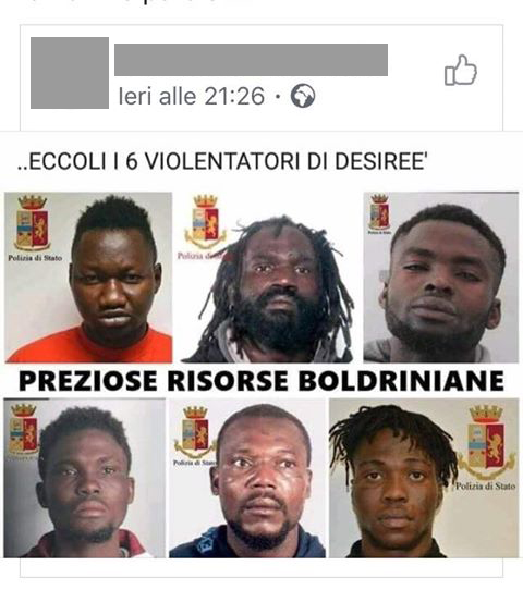 La foto dei "6 violentatori di Desirèe" come apparsa su Facebook