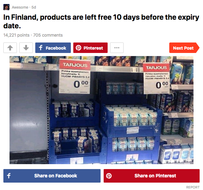 In Finlandia, dieci giorni prima della scadenza, tutto viene offerto gratuitamente, versione in inglese