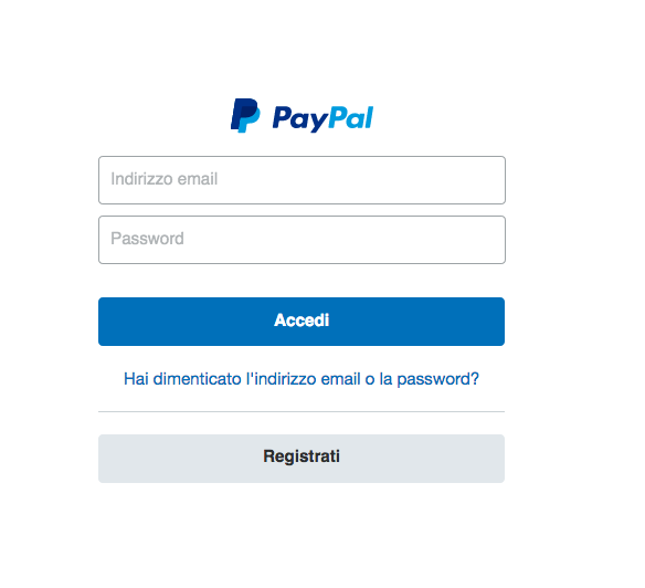 La finta pagina di login di PayPal, uguale all'originale salvo che per alcuni dettagli...