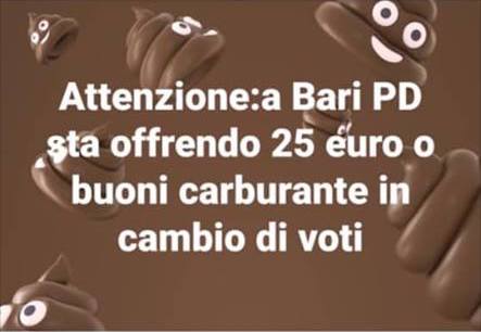 Attenzione: a Bari PD sta offrendo 25 euro o buoni carburante in cambio di voti