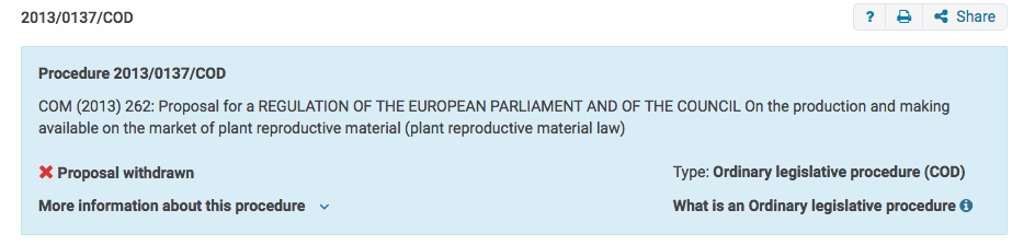 Il ritiro della proposta 2013/0137/COD, ovvero la Plant Reproductive Material Law