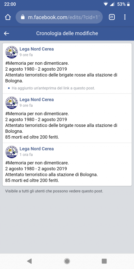 Modifiche post Lega Nord Cerea: "Attentato terroristico delle Brigate Rosse alla stazione di Bologna"