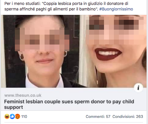 Per i meno studiati: "Coppia lesbica porta in giudizio il donatore di sperma affinché paghi gli alimenti per il bambino"