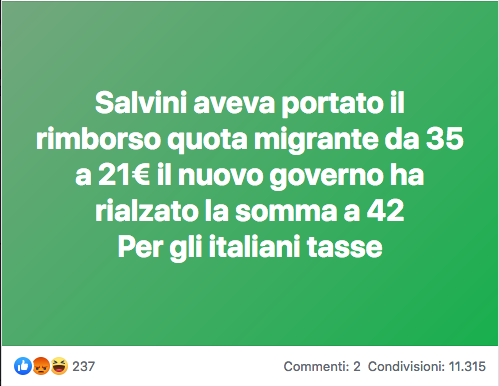 Salvini aveva portato il rimborso quota migrante da 35 a 21€, il nuovo governo ha rialzato la somma a 42, per gli italiani tasse