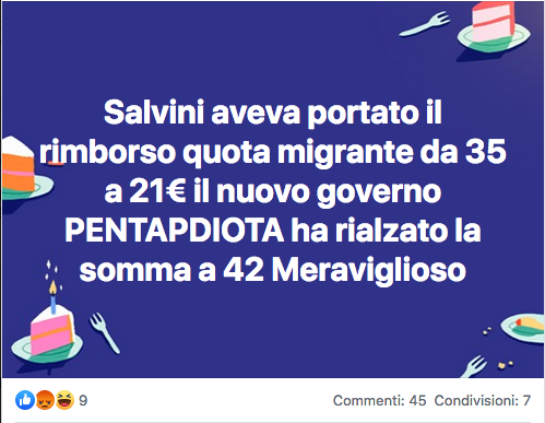 Salvini aveva portato il rimborso quota migrante da 35 a 21€, il nuovo governo PENTAPIDIOTA ha rialzato la somma a 42, Meraviglioso