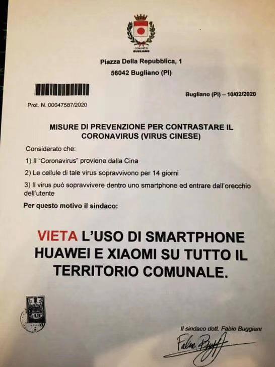 Bugliano vieta i cellulari Huawei