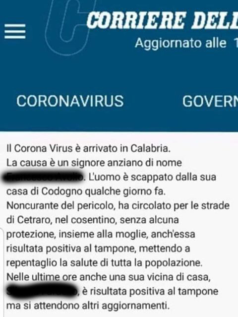 Anziano  "scappato da Codogno in Calabria".