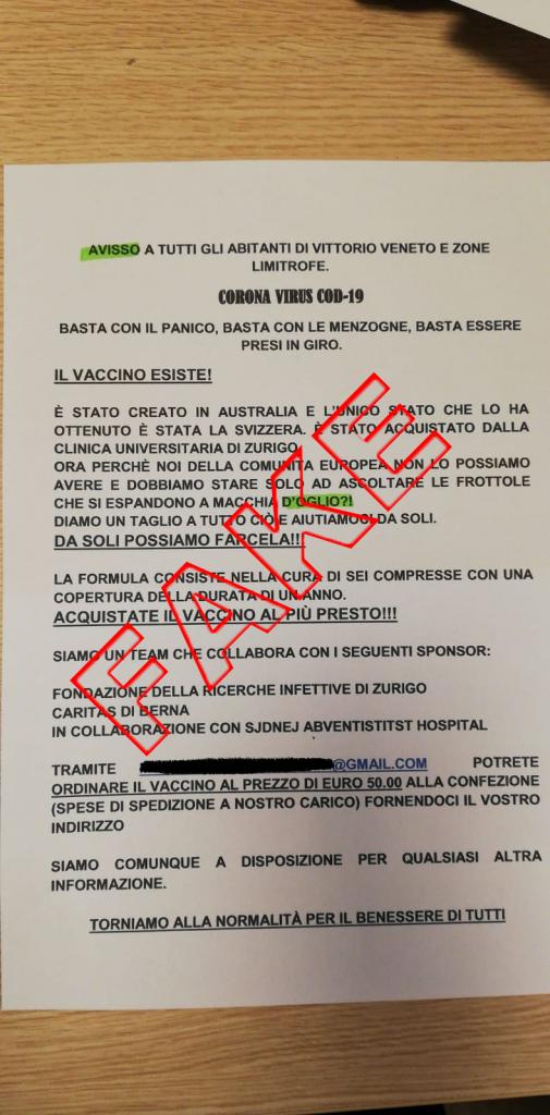 "Avisso" a tutti gli abitanti di Vittorio Veneto: vendiamo il Vaccino per il virus COD-19