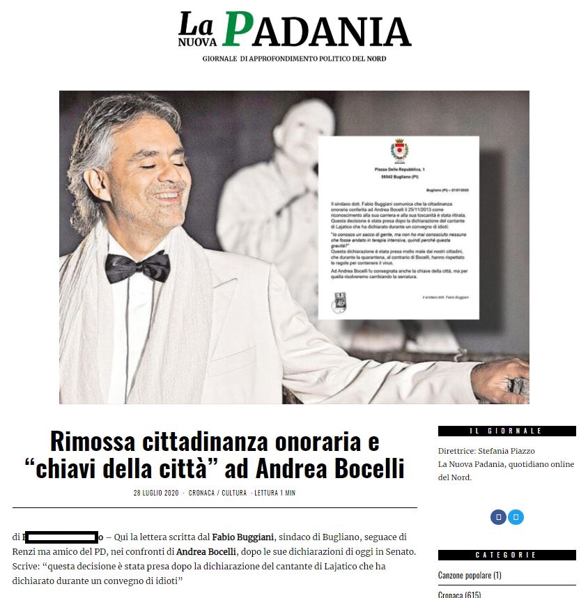 La Nuova Padania contro il Comune di Bugliano - "A voi i commenti"