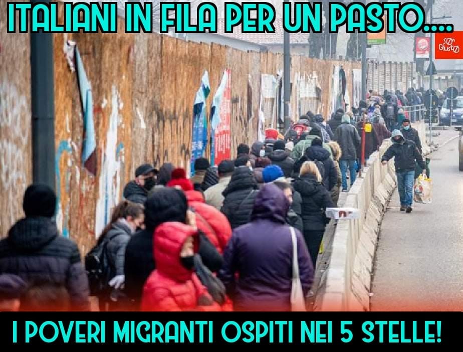 Italiani in fila per un pasto e migranti ospiti negli hotel