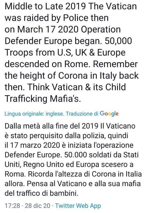DEFENDER Europe 20 e il "Traffico di Bambini in Vaticano": quando QAnon non vuole arrendersi...