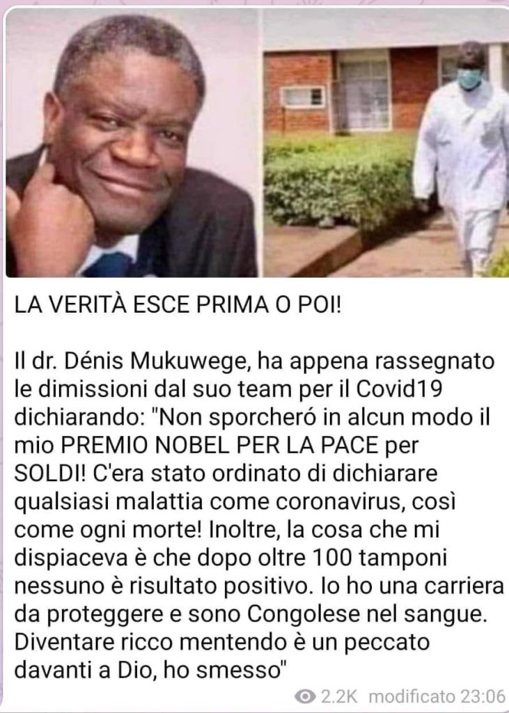 Il Premio Nobel Denis Mukwege si dimette dal team COVID19 perché gli facevano falsificare le diagnosi, ancora falsità