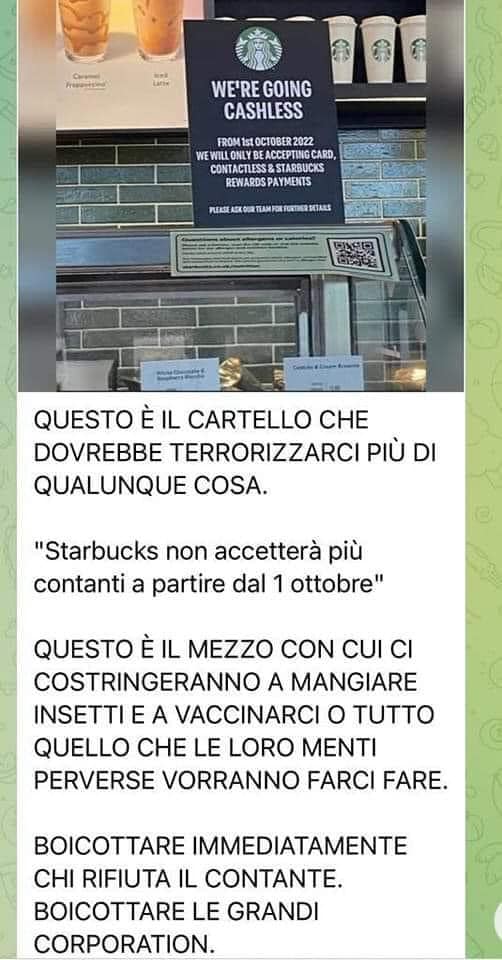 Starbucks non accetta più contante da ottobre, colpa del Grande Reset (fake news)