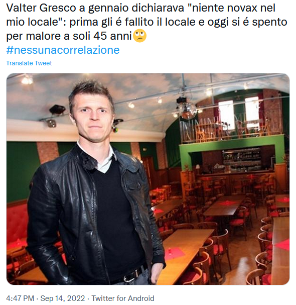 I novax festeggiano il fallimento e la morte di Valter Grasco, che non esiste