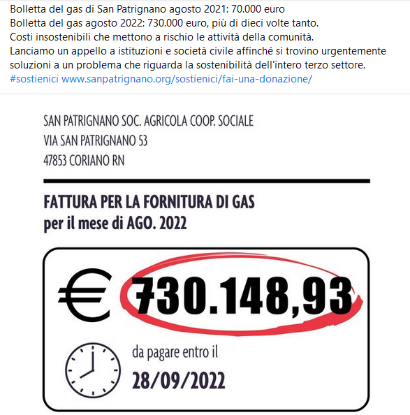 Bolletta del gas record per San Patrignano, attività a rischio