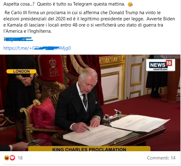 Re Carlo afferma che Trump ha vinto le elezioni e sfratta Biden (forse)