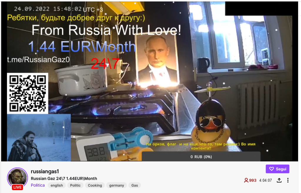 Russo apre canale Twitch con fornelli accesi e foto di Putin sfida il ban (e il buongusto)