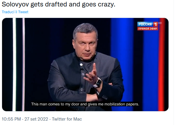 Soloviev richiamato alla leva impazzisce in diretta, ma era solo satira
