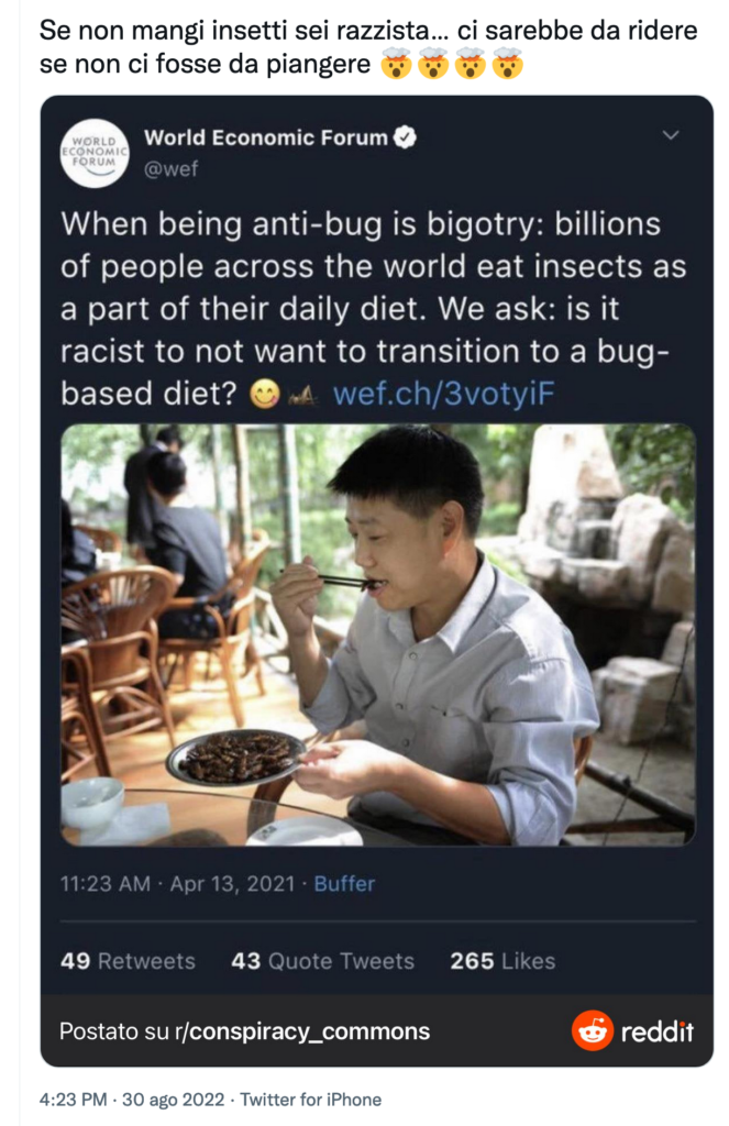 "Se non mangi insetti sei razzista": ancora falsi tweet del WEF