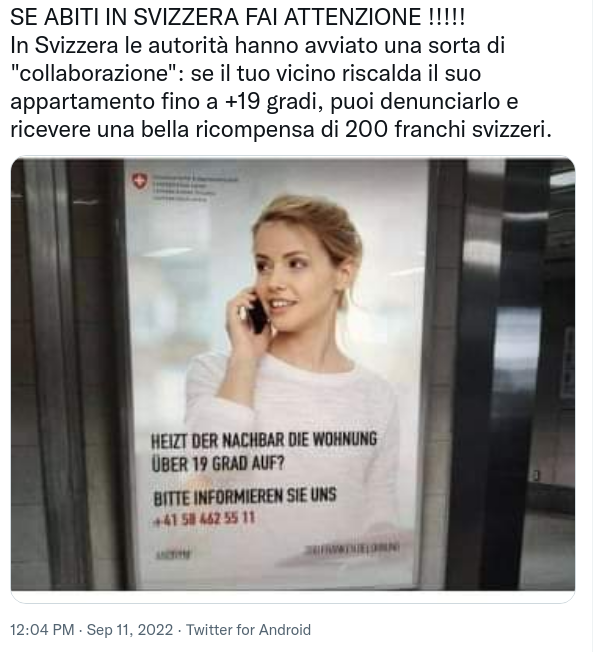 Il falso cartellone svizzero per denunciare il vicino col riscaldamento