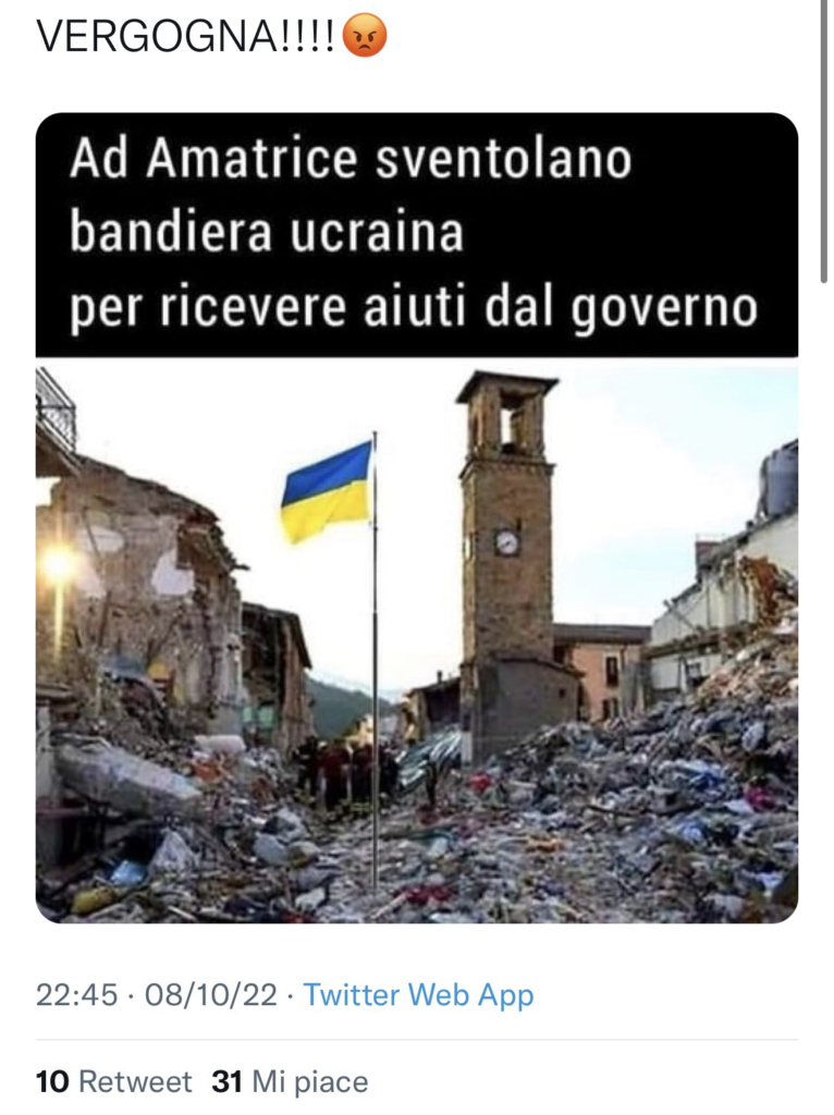 La bandiera Ucraina ad Amatrice sventola sui social, ovviamente fake