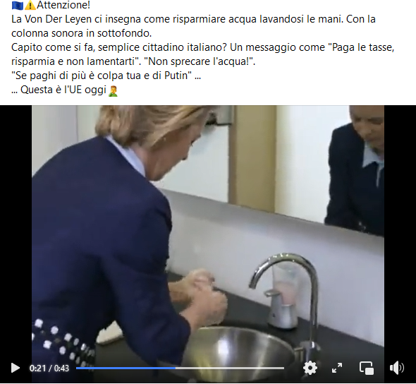 Ursula Von Der Leyen insegna a lavarsi le mani per risparmiare è un fake "notutto"