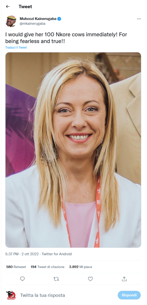Generale Ugandese trolla tutti: cento mucche in dote a Giorgia Meloni