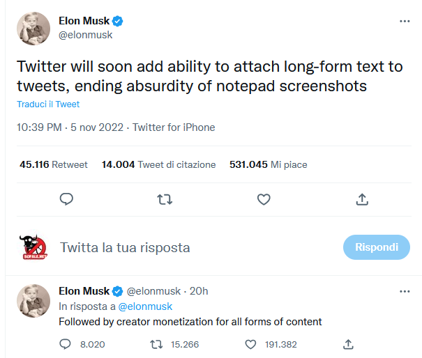 Elon Musk promette Tweet con testo lungo in allegato (tra l'altro)