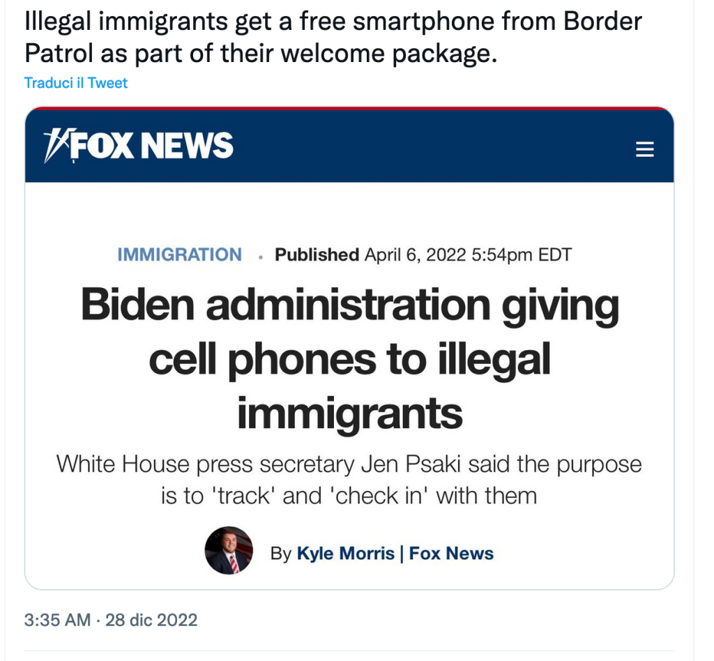 Biden regala cellulari ai migranti: la bufala sbarca in America