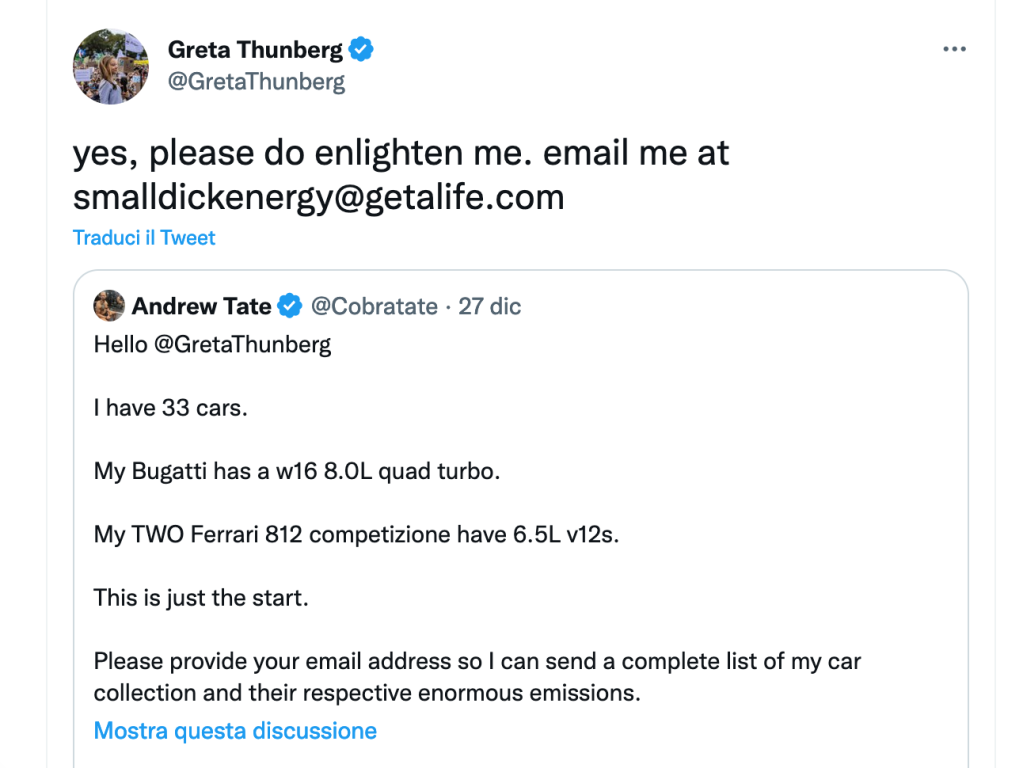 Greta Thunberg blasta Andrew Tate: "Scrivi a 'celhopiccolo@fattiunavita'"