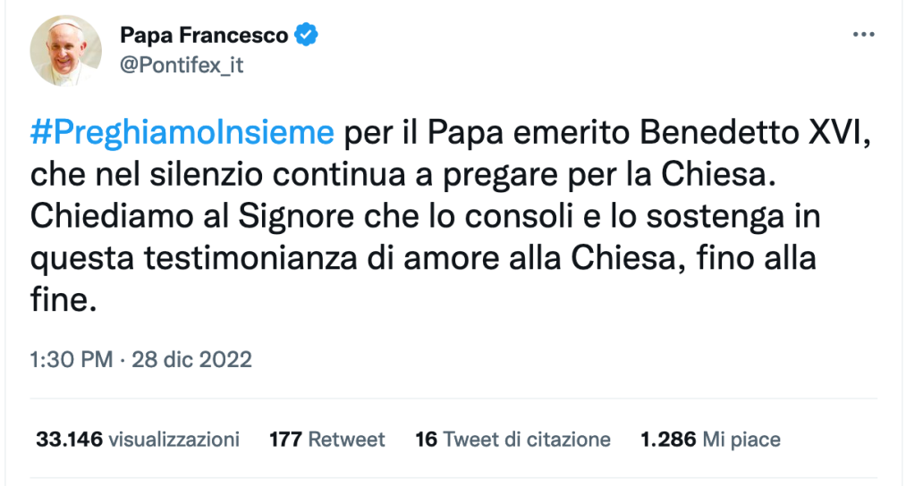 Si aggravano le condizioni di Ratzinger, Papa Emerito Benedetto XVI