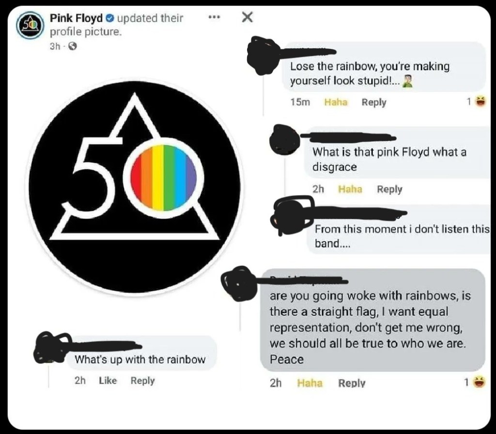 Pink Floyd sotto attacco per l'arcobaleno "woke": troll e ignoranza