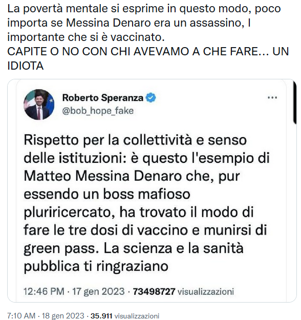 Il (palese) fake post di Speranza che loda Messina scambiato per vero
