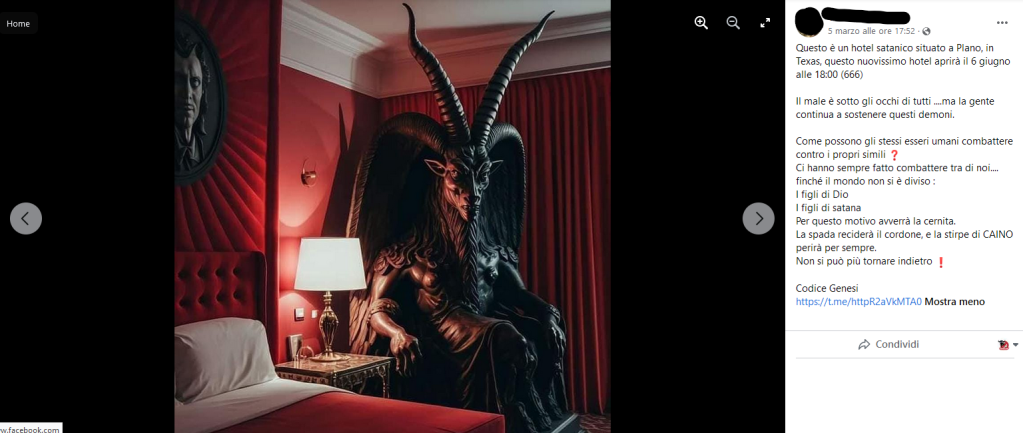 La fake news dell'hotel satanico a Plano in Texas fatta in CG