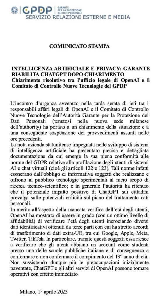 Il Garante Privacy riabilita ChatGPT, ma era un pesce d'aprile