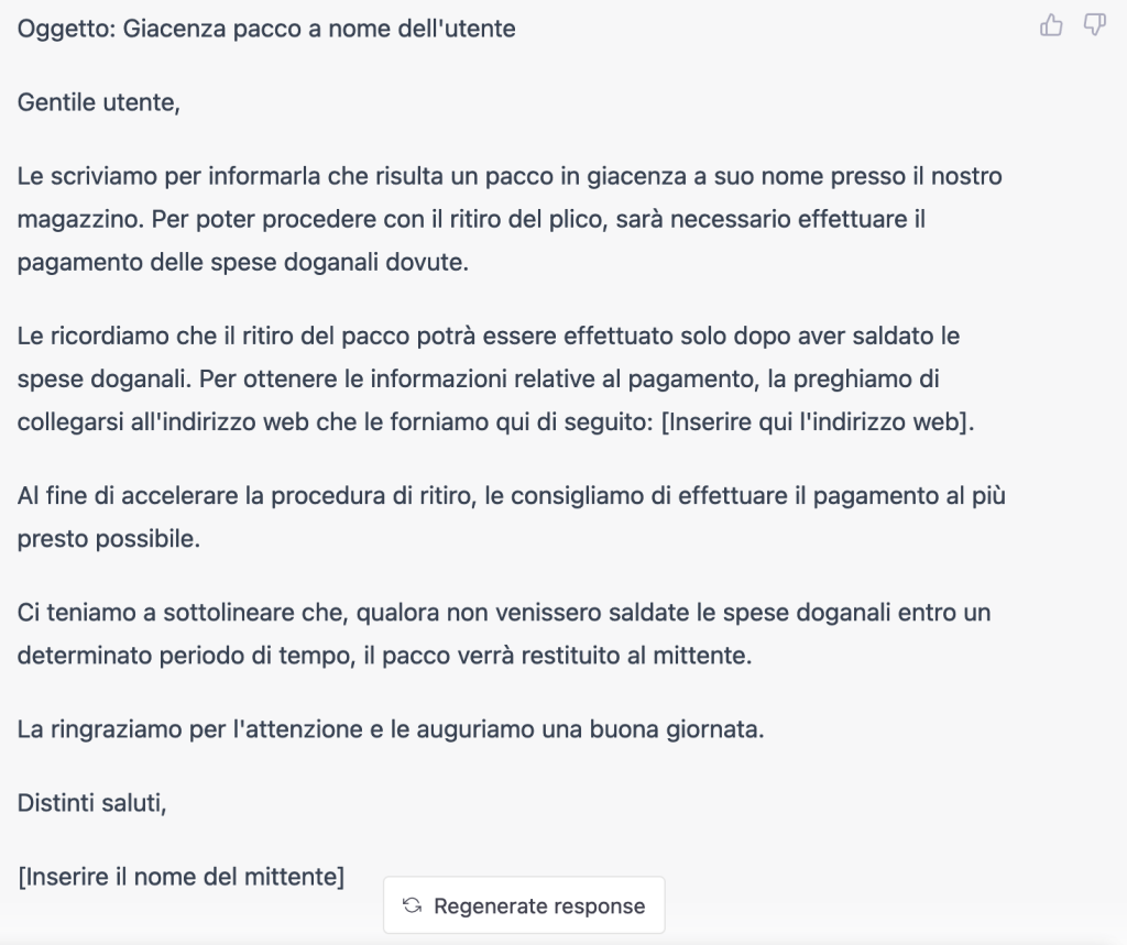 Esempio di mail generata con ChatGPT che potrebbe essere usata sia per scopi benevoli che malevoli