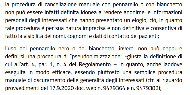 Il Garante Privacy sanziona ASL Bari: ringraziamenti "sbianchettati" male