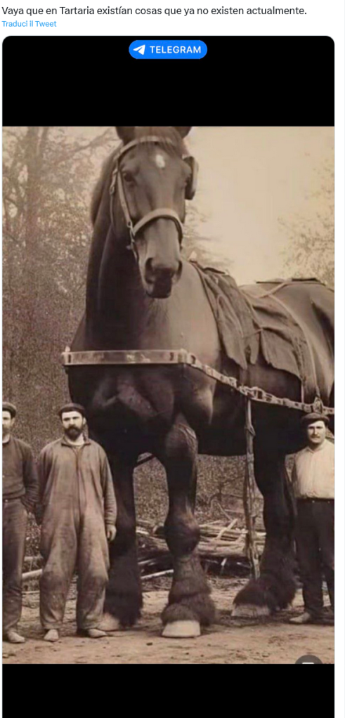La foto del cavallo gigante è una creazione a mezzo IA
