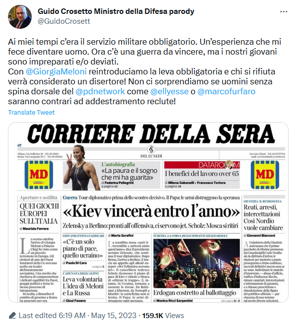 Crosetto per il servizio militare, ma era una parodia (con futura spunta blu)