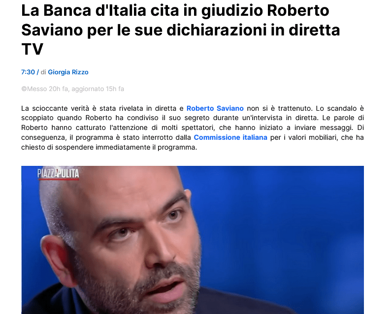 La truffa di Saviano denunciato da BankItalia per gli investimenti online
