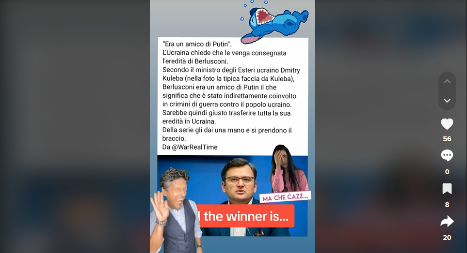 Nessuna fonte per le frasi di Kuleba sull'eredità di Berlusconi (tranne quelle russe)