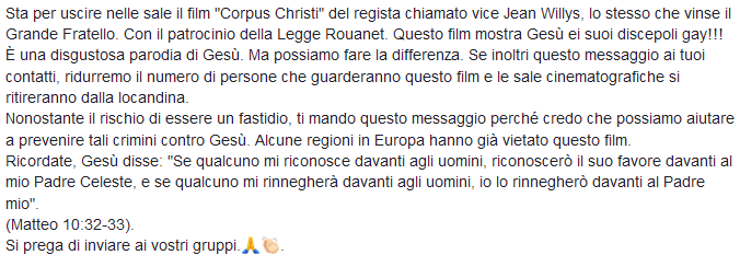 Boicotta "Corpus Christi" del regista chiamato vice Jean Willys (anche se non esiste)