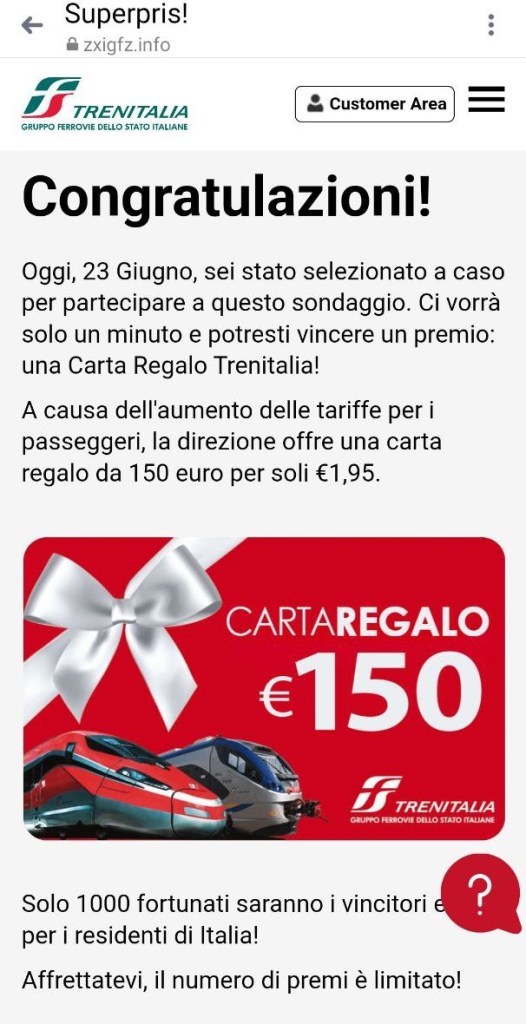 Il falso sondaggio per la Carta Viaggio Trenitalia a due euro
